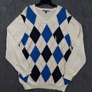 Old Navy Sweater Mens 2XL‎ Blue White Argyle Pullover Crewneck Cotton New XXL